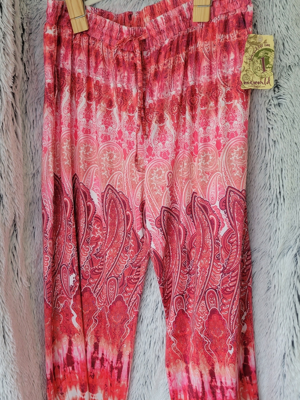 ONE WORLD Red and Pink Paisley Drawstring Pants
